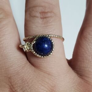 Blue And Gold Wire-Wrapped Adjustable Ring
